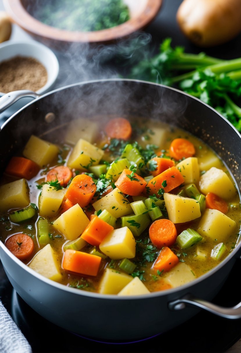 A steaming pot of hearty vegetable chowder simmers on a stovetop, filled with colorful chunks of carrots, potatoes, and celery, surrounded by fresh herbs and spices