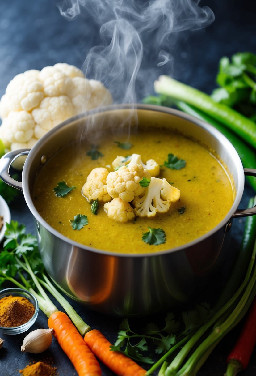 A steaming pot of curried cauliflower soup, surrounded by vibrant whole spices and fresh vegetables