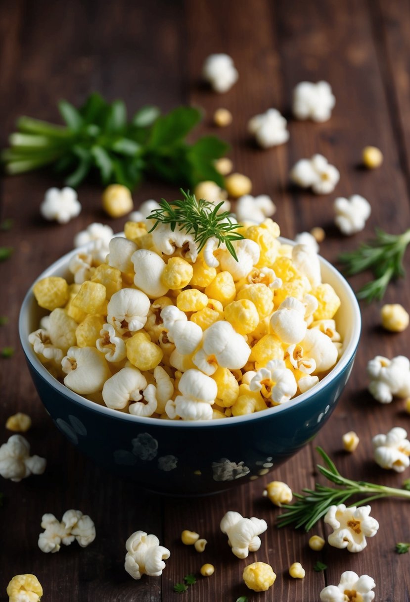 A bowl of butter and herb puffed popcorn sits on a wooden table, surrounded by scattered popcorn kernels and a few sprigs of fresh herbs