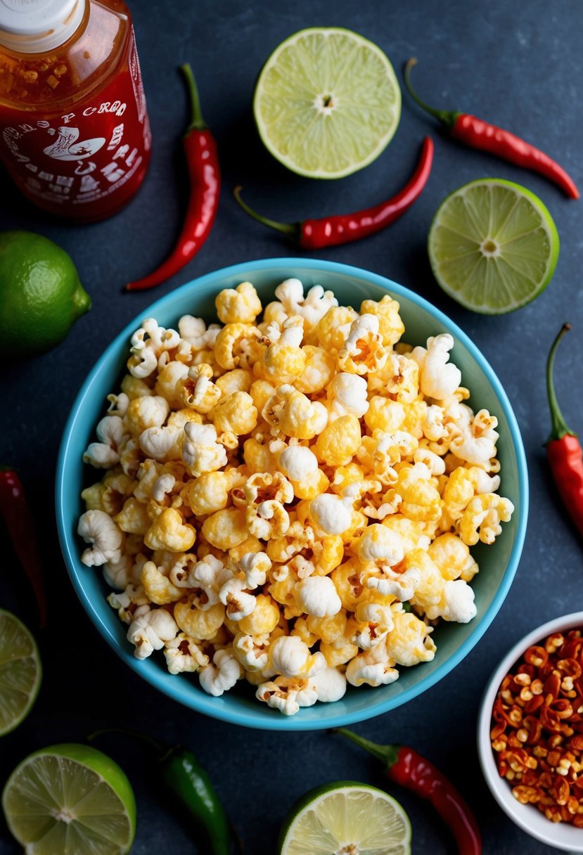 A bowl of Sriracha Lime Puffed Popcorn surrounded by lime slices and chili peppers