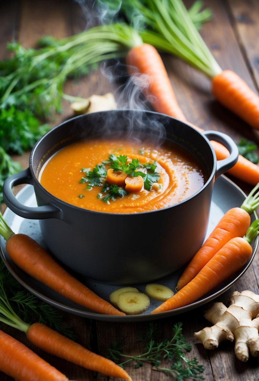 A steaming pot of carrot ginger soup surrounded by fresh carrots, ginger, and herbs on a rustic wooden table