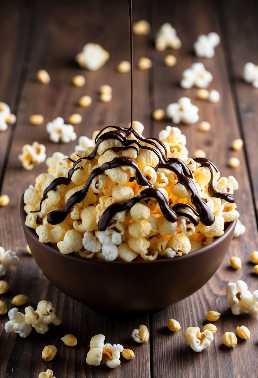 A bowl of chocolate-covered puffed popcorn sits on a wooden table, surrounded by scattered popcorn kernels and a drizzle of melted chocolate