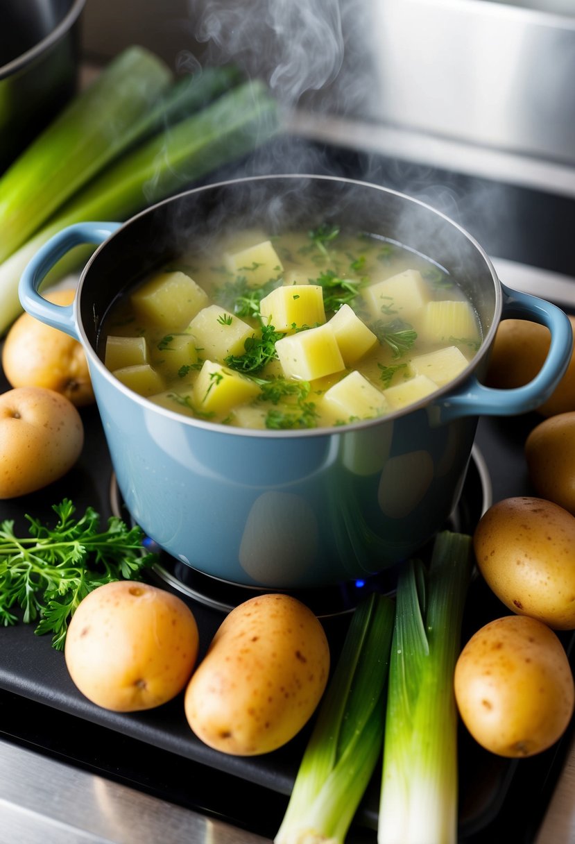 A steaming pot of potato leek soup simmers on a stovetop, surrounded by fresh leeks, potatoes, and a sprinkle of herbs