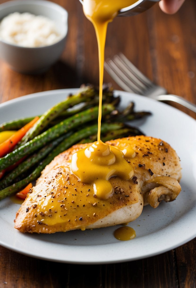 A plate of honey mustard chicken with roasted vegetables and a drizzle of sauce on top