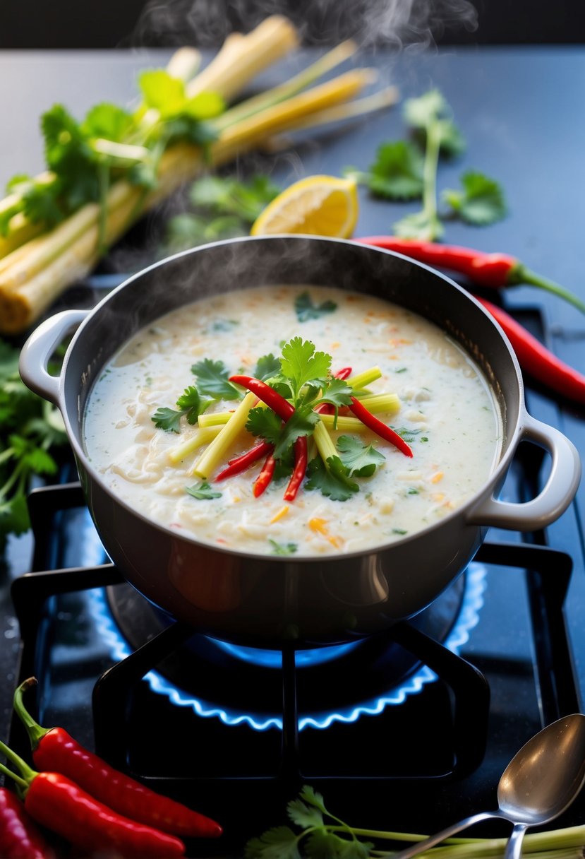 A steaming pot of Thai coconut soup simmering on a stovetop, surrounded by fresh lemongrass, cilantro, and vibrant red chili peppers