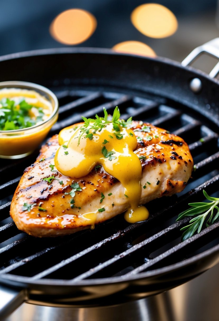 A succulent grilled chicken breast glazed with honey mustard sauce, adorned with fresh herbs and served on a sizzling hot grill