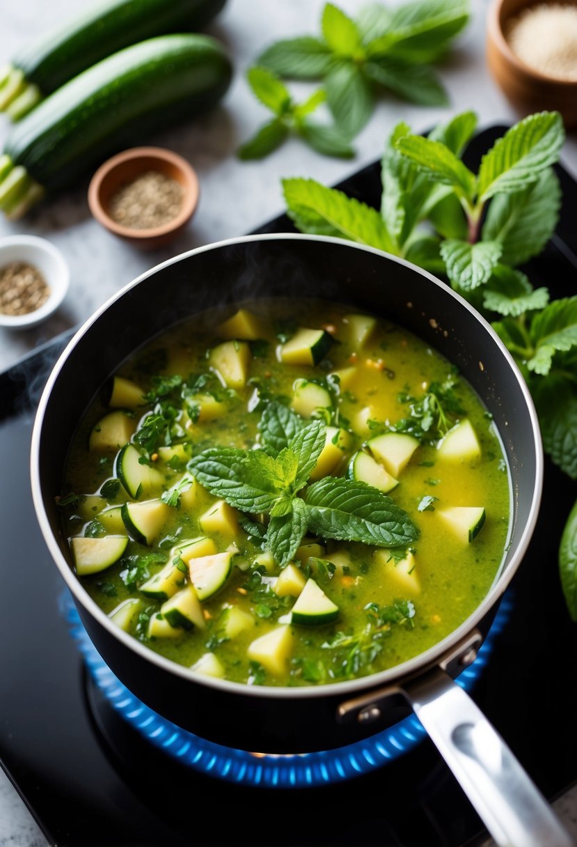 A pot of zucchini mint soup simmers on a stove, surrounded by fresh zucchinis, mint leaves, and a variety of herbs and spices