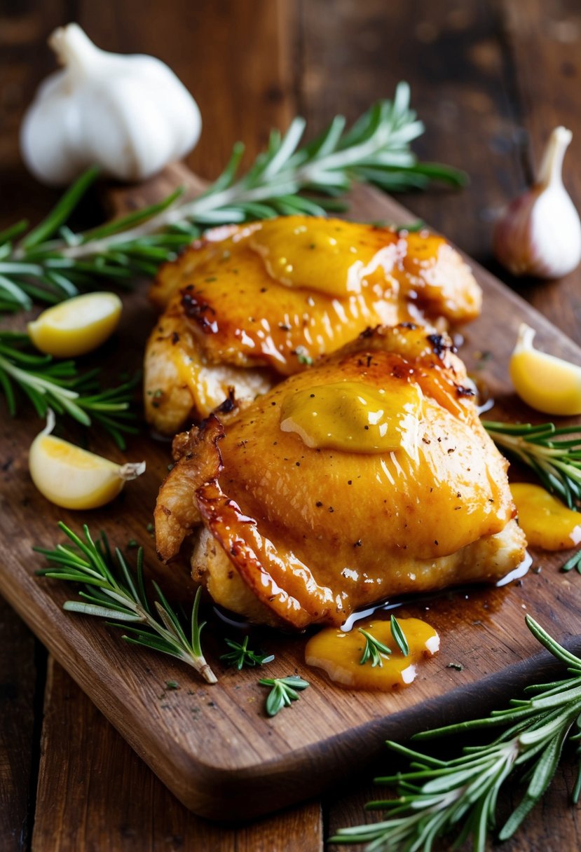 A golden-brown chicken thigh, glazed with honey mustard, surrounded by rosemary and garlic cloves on a rustic wooden cutting board