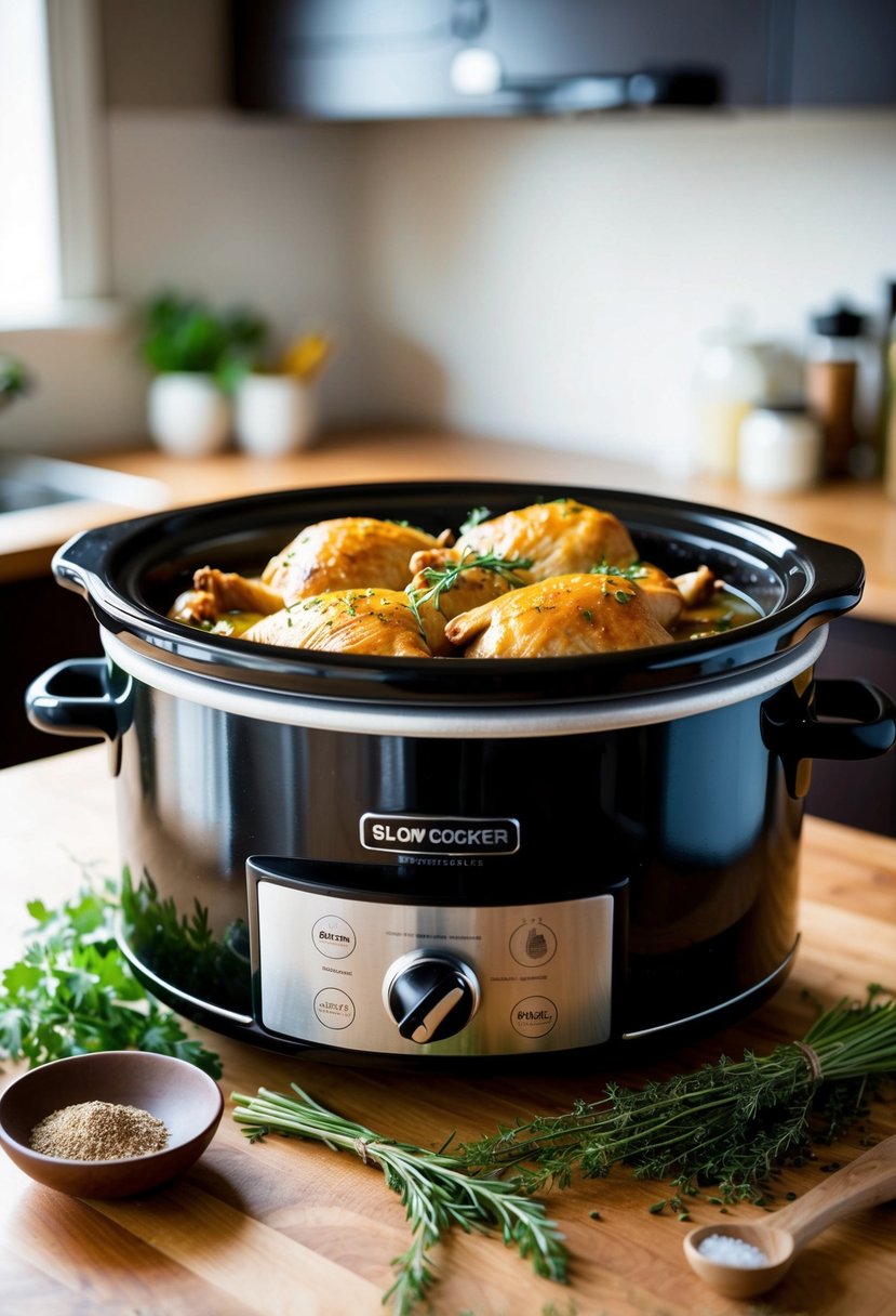 A slow cooker sits on a kitchen counter, filled with tender honey mustard chicken, surrounded by fresh herbs and spices