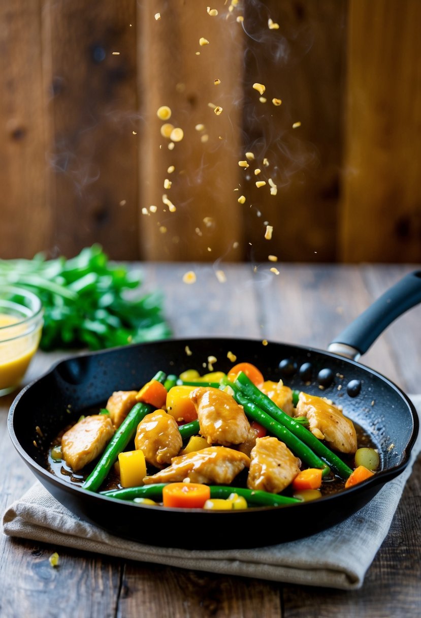 A sizzling skillet of honey mustard chicken stir fry with colorful vegetables and a glossy glaze