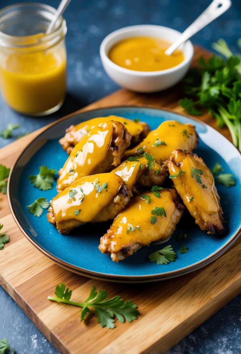 A plate of honey mustard glazed chicken wings on a wooden cutting board with a side of dipping sauce and garnished with fresh herbs