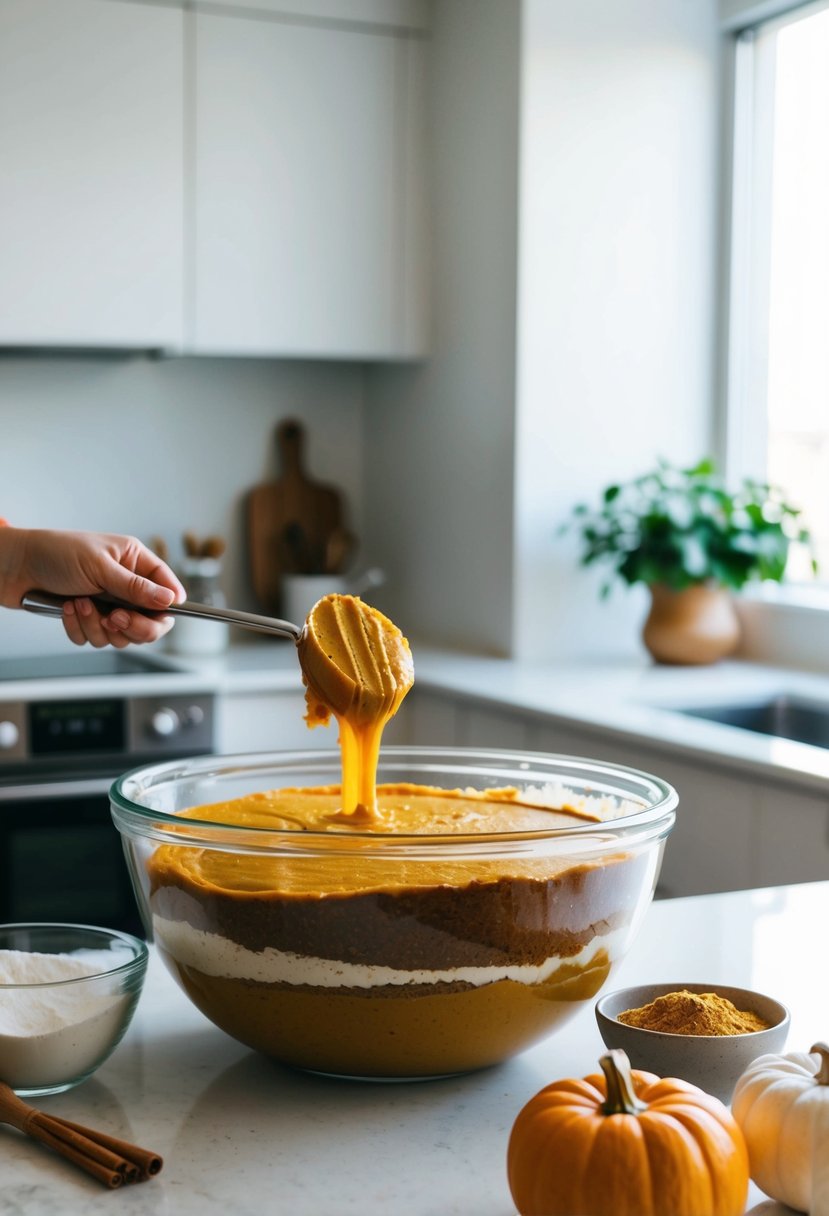 A pumpkin cake being mixed in a large bowl, surrounded by ingredients like flour, sugar, and spices on a clean kitchen counter