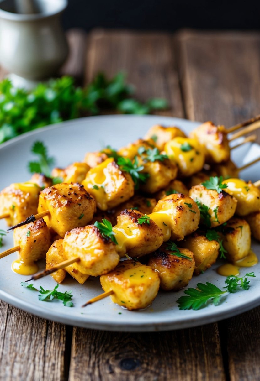 A platter of golden-brown honey mustard chicken skewers, garnished with fresh herbs, sits on a rustic wooden table