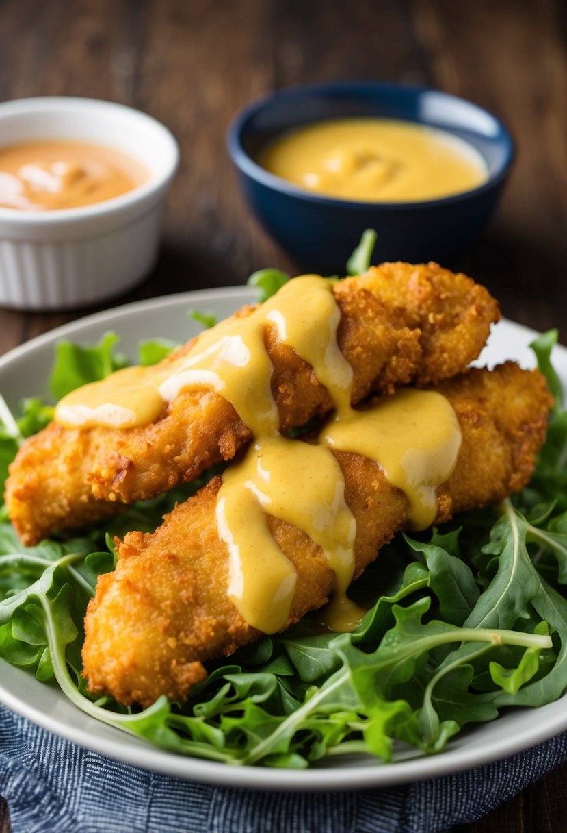 Golden chicken tenders coated in honey mustard sauce, resting on a bed of crispy greens with a side of dipping sauce