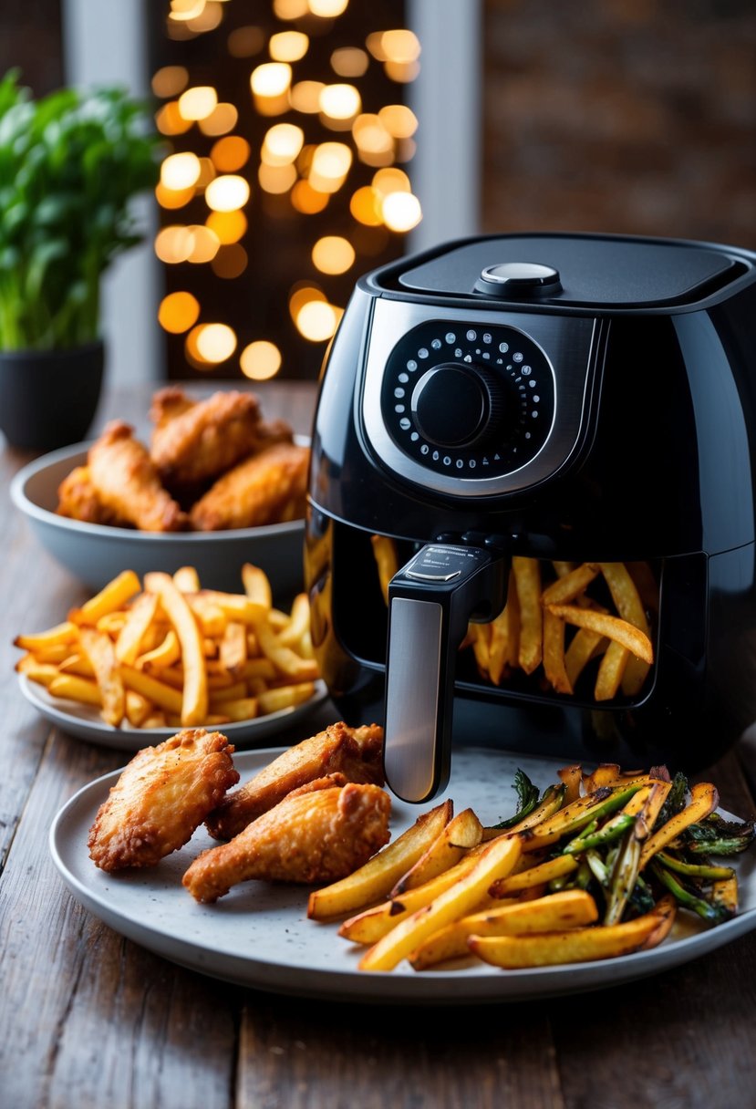 A variety of delicious dishes being cooked in an air fryer, including crispy chicken wings, golden-brown fries, and perfectly roasted vegetables