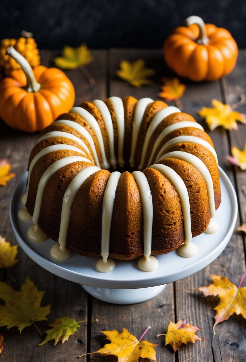 A pumpkin bundt cake sits on a rustic wooden table, drizzled with creamy white frosting and surrounded by scattered autumn leaves