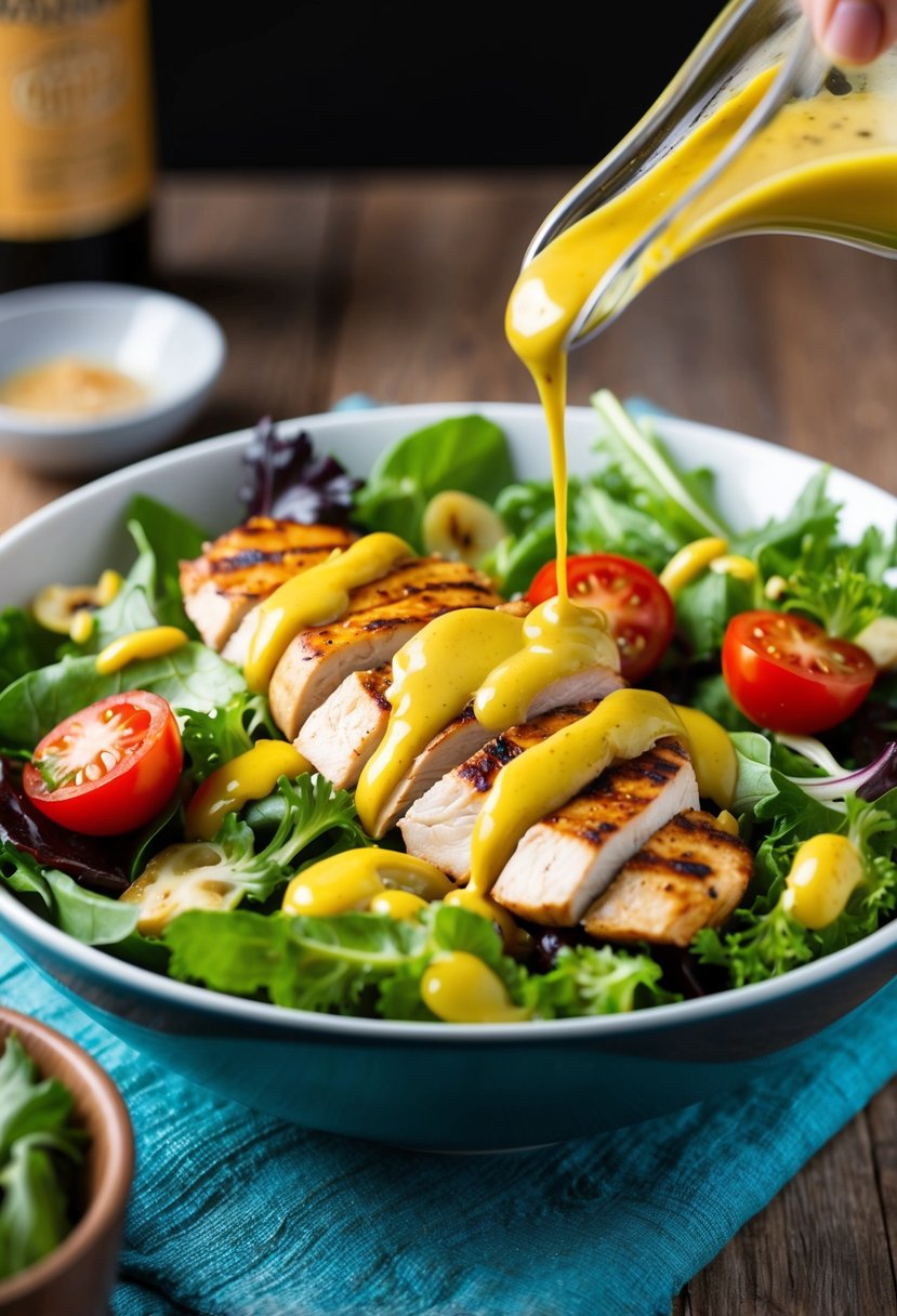 A vibrant salad bowl with grilled chicken, mixed greens, cherry tomatoes, and drizzled with honey mustard dressing