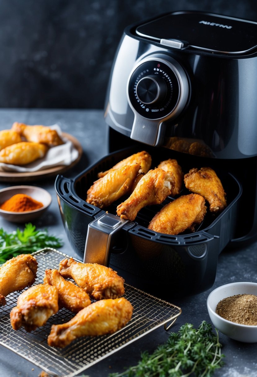 Golden, crispy chicken wings sit on a wire rack next to a sleek air fryer, surrounded by fresh herbs and spices