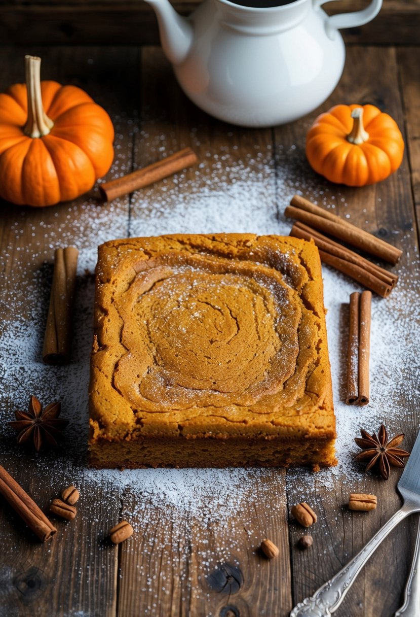 A rustic kitchen table set with a spiced pumpkin sheet cake, surrounded by scattered cinnamon sticks and a dusting of powdered sugar