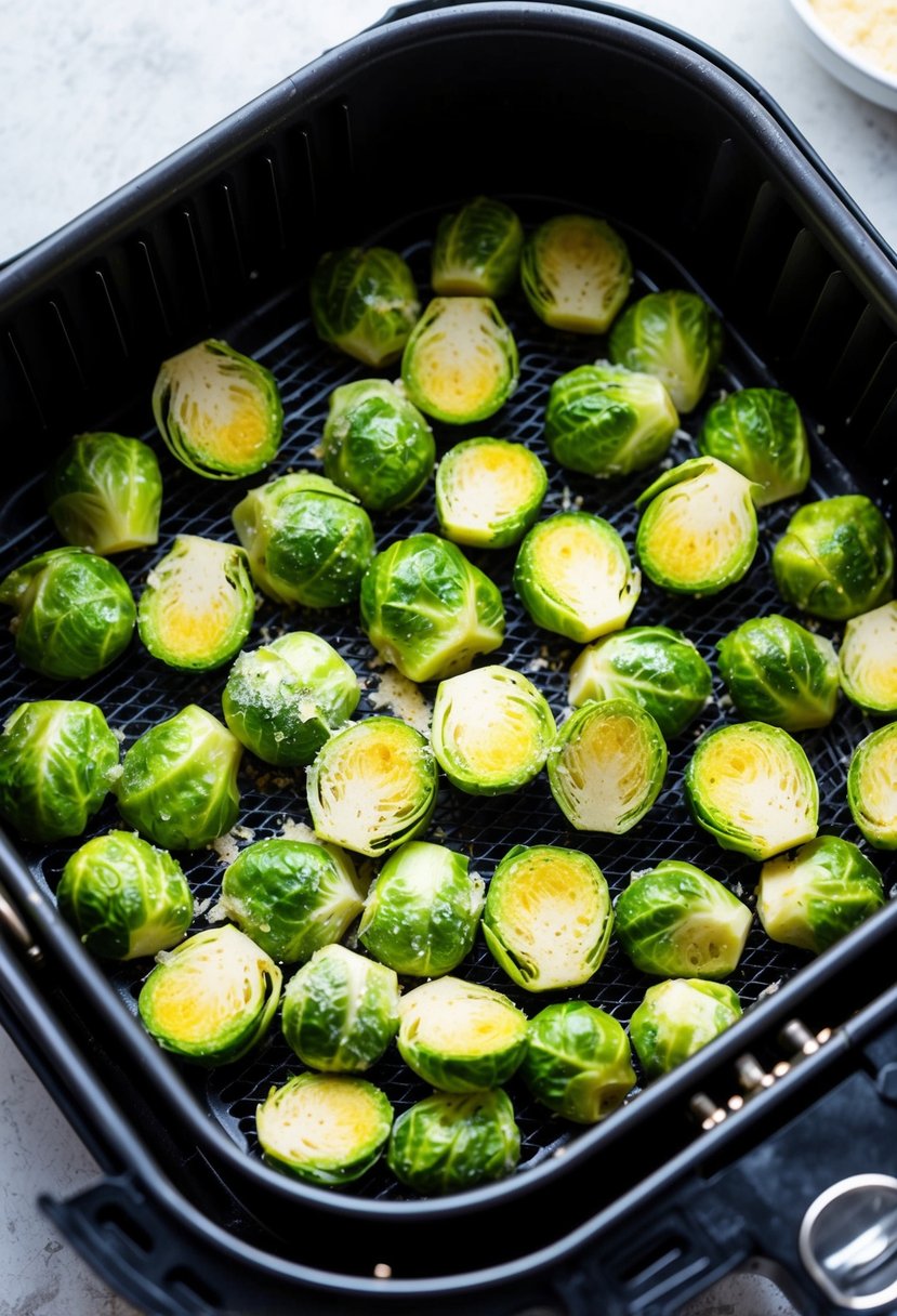 Brussels sprouts coated in Parmesan cheese, arranged in an air fryer basket ready to be cooked