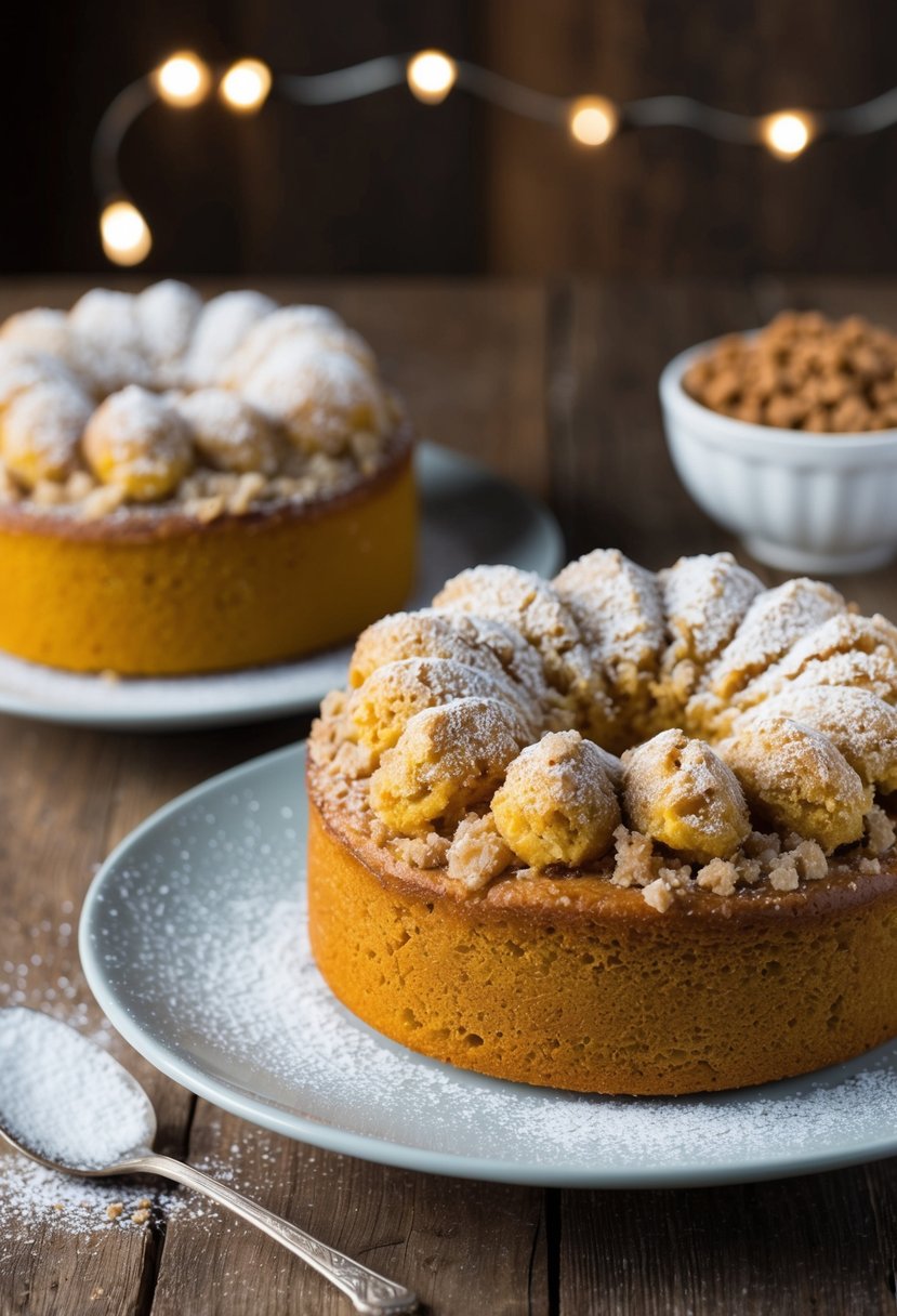 A pumpkin coffee cake sits on a rustic wooden table, topped with a generous layer of crumbly streusel and dusted with powdered sugar