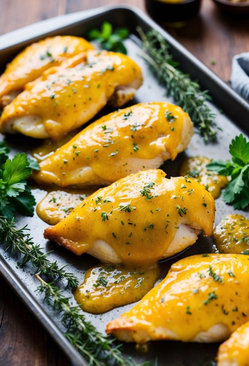 Golden chicken breasts coated in honey mustard glaze, surrounded by fresh herbs and spices on a baking tray