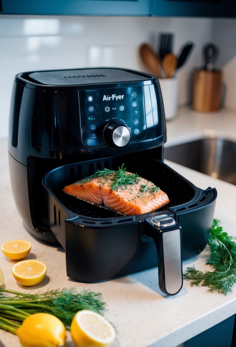 A piece of salmon seasoned with dill is placed in an air fryer basket, surrounded by lemon slices and herbs. The air fryer is set on a countertop in a modern kitchen