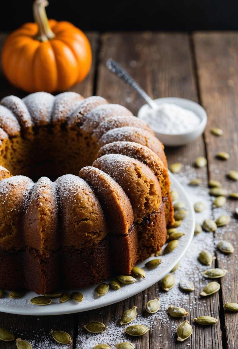 A moist pumpkin chocolate chip cake sits on a rustic wooden table, surrounded by scattered pumpkin seeds and a dusting of powdered sugar