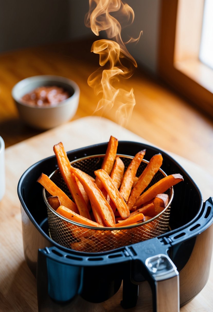 Golden sweet potato fries sizzling in the air fryer basket, emitting a tantalizing aroma