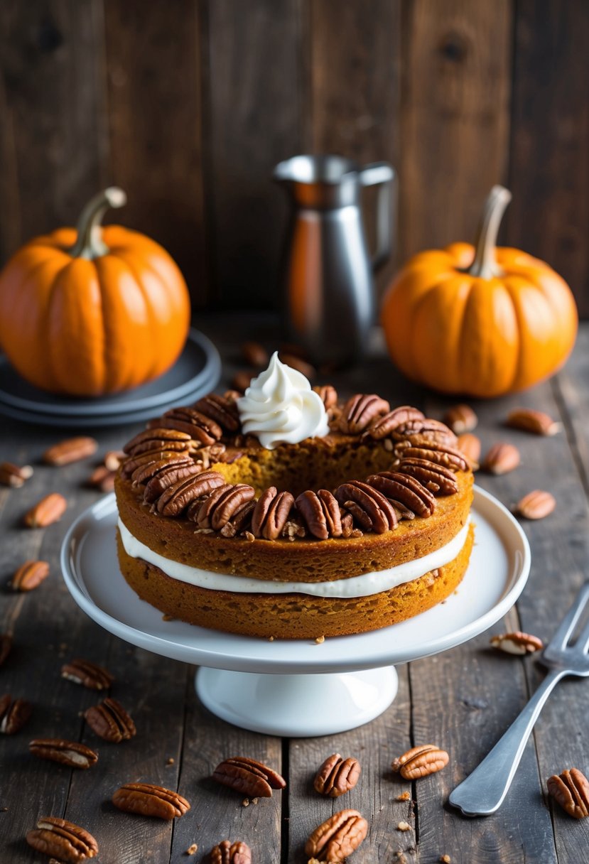 A rustic kitchen table with a freshly baked pumpkin pecan crunch cake, surrounded by scattered pecans and a dollop of whipped cream