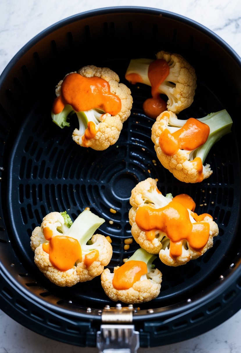 Cauliflower florets coated in buffalo sauce, sizzling in an air fryer