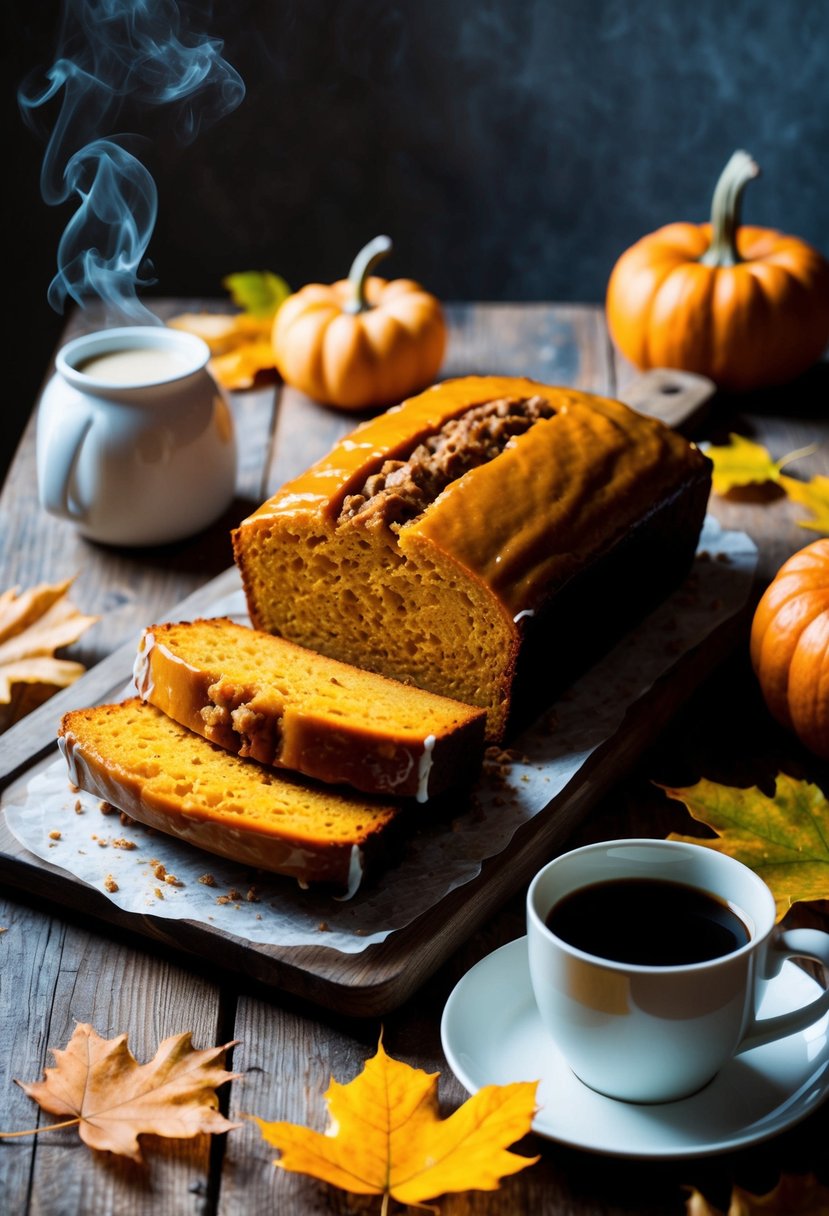 A rustic kitchen table with a freshly baked glazed pumpkin loaf cake surrounded by autumn leaves and a steaming mug of coffee