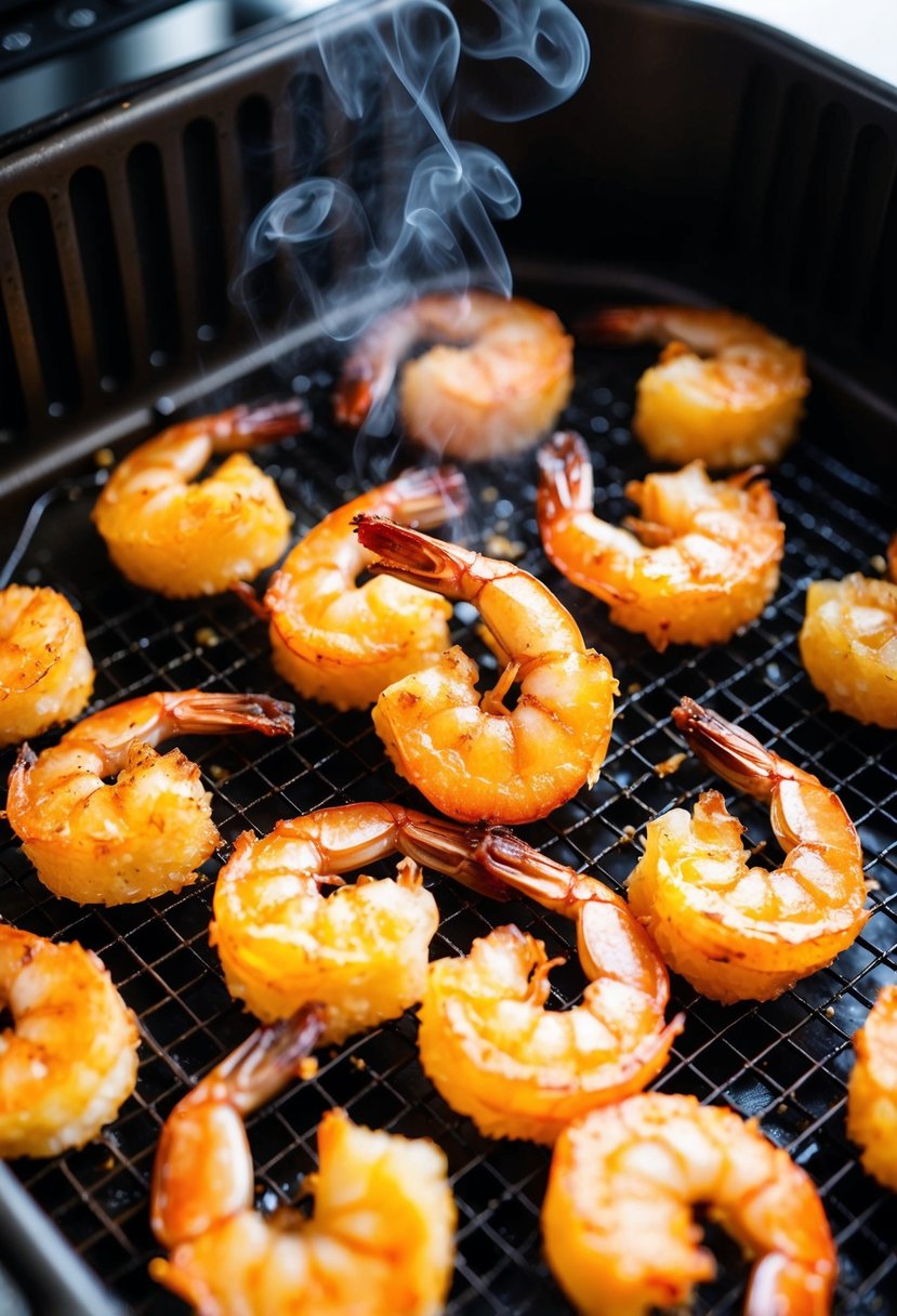 Golden coconut shrimp sizzling in an air fryer basket. Steam rising, crispy texture, and a hint of tropical flavor