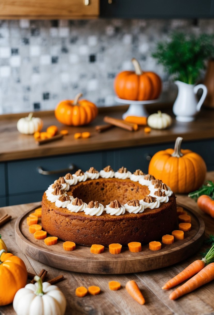 A kitchen counter with a freshly baked pumpkin carrot cake on a rustic wooden platter, surrounded by scattered ingredients like pumpkins, carrots, and cinnamon sticks