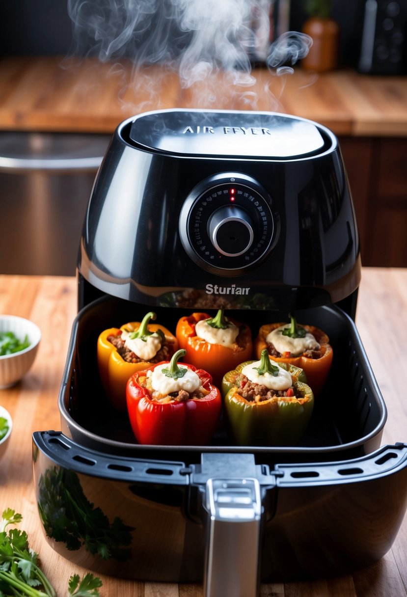 Freshly cooked stuffed peppers emerging from an air fryer, surrounded by steam and the aroma of savory ingredients