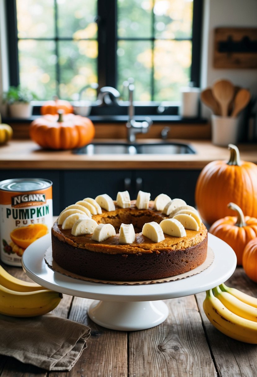 A rustic kitchen with a wooden table holding a freshly baked vegan pumpkin banana cake, surrounded by ingredients like ripe bananas and a can of pumpkin puree