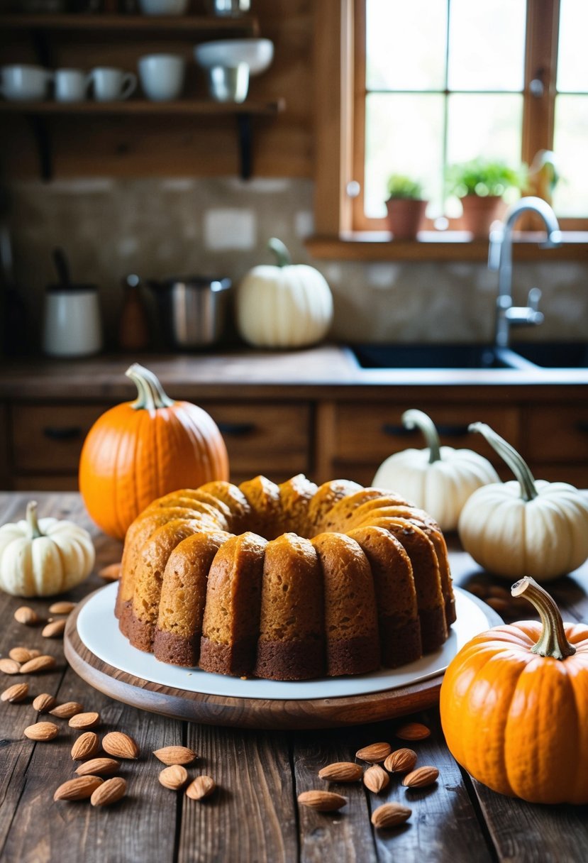 A rustic kitchen with a wooden table set with a freshly baked gluten-free pumpkin almond cake, surrounded by scattered almonds and a pumpkin