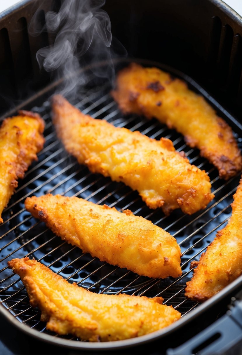 Golden chicken tenders sizzling in the air fryer basket, surrounded by a halo of steam