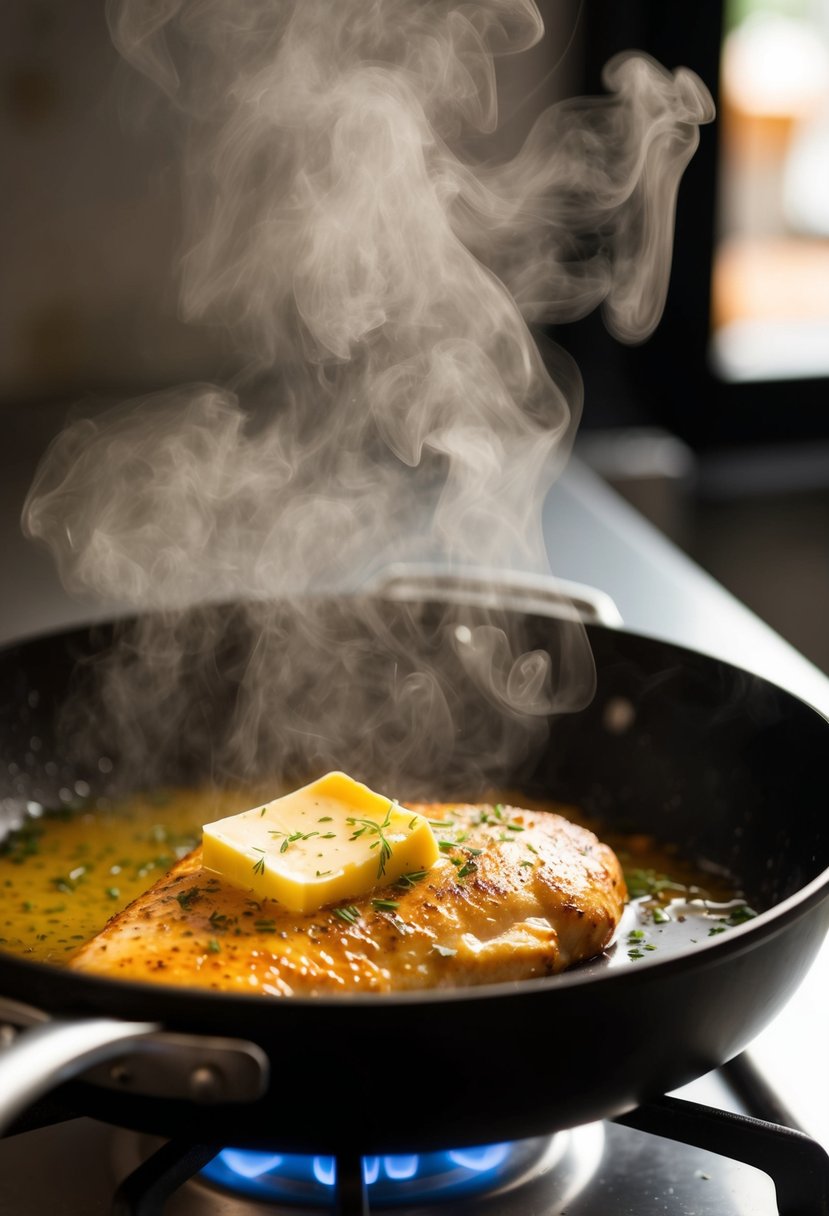 A sizzling chicken breast in a hot skillet with steam rising. Butter and herbs melt over the golden-brown surface