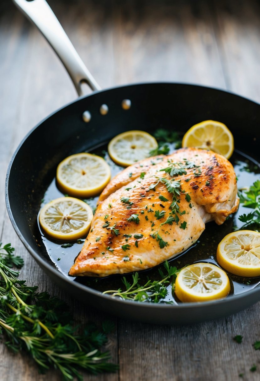 A sizzling chicken breast cooking in a skillet with lemon slices and fresh herbs