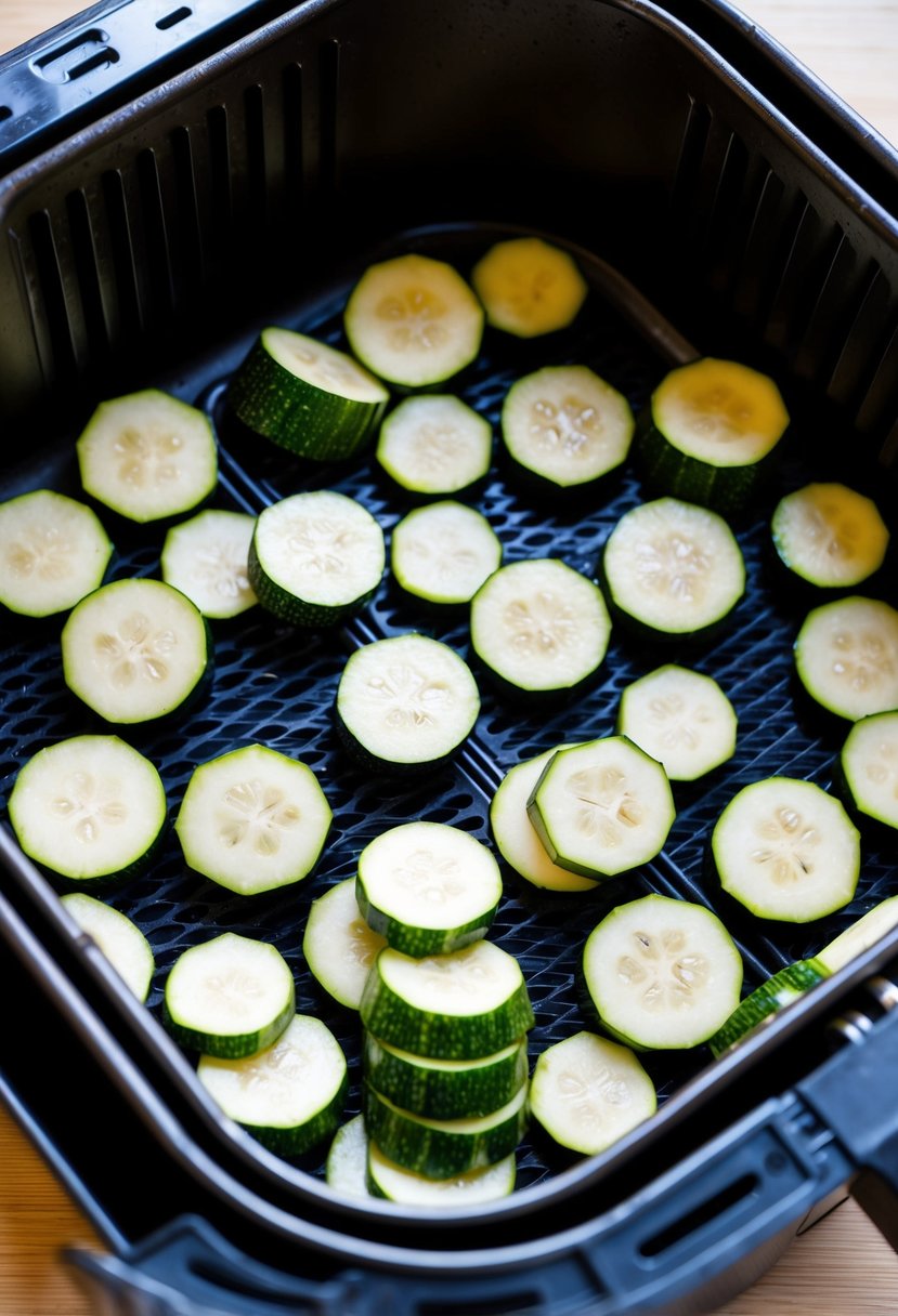 Fresh zucchini slices arranged in a single layer inside an air fryer basket