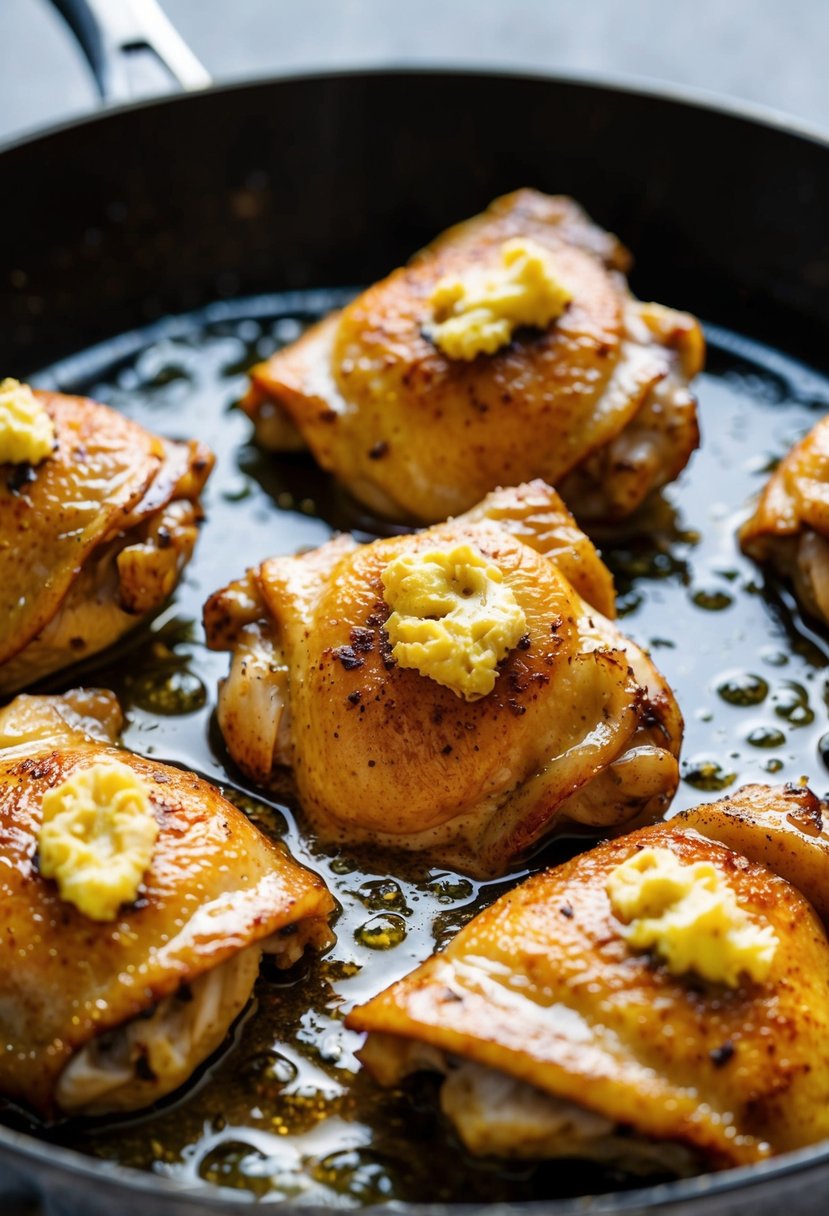 Chicken thighs sizzling in a hot skillet with bubbling garlic butter