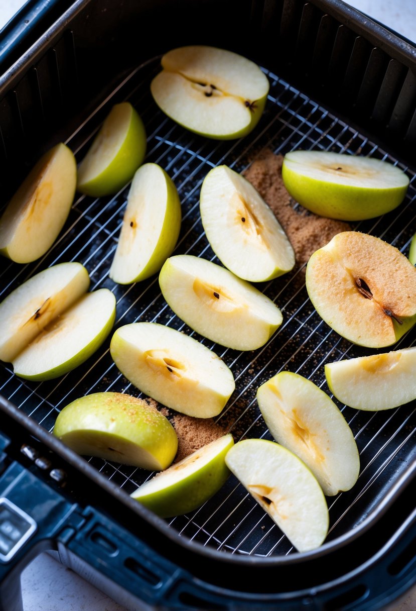 Sliced apples arranged on a wire rack inside an air fryer, with a light mist of cinnamon and sugar sprinkled on top