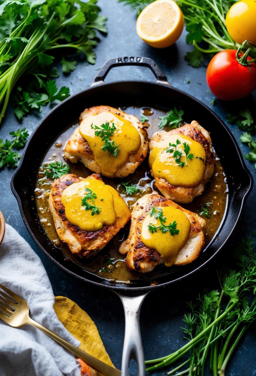 A sizzling skillet with pan-seared chicken bathed in a golden honey mustard glaze, surrounded by fresh herbs and colorful vegetables