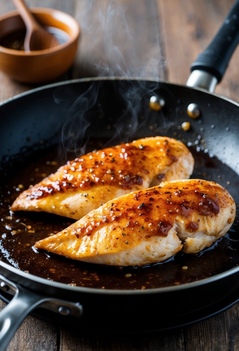 A sizzling chicken breast searing in a pan with a brown sugar balsamic glaze, emitting a caramelized aroma