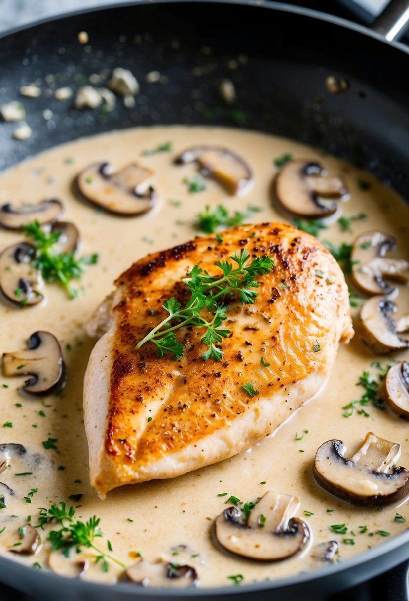 A sizzling chicken breast searing in a hot pan, surrounded by simmering creamy mushroom sauce, with a hint of fresh herbs and seasoning