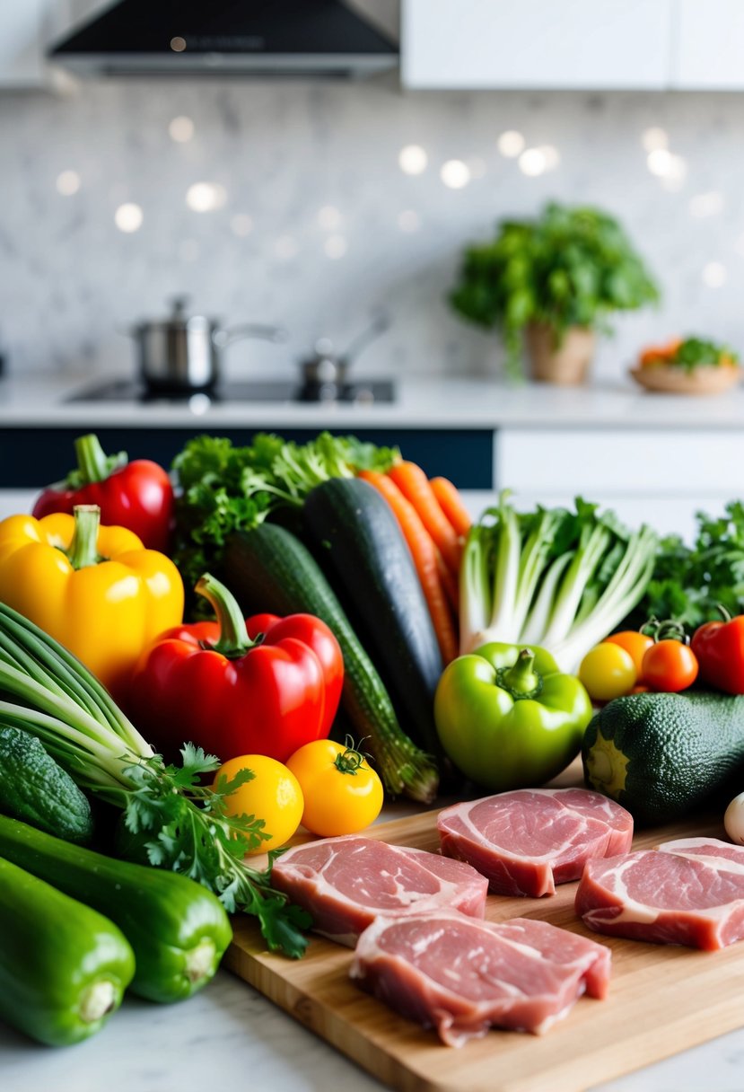 A colorful array of fresh vegetables and lean meats arranged on a clean, modern kitchen counter