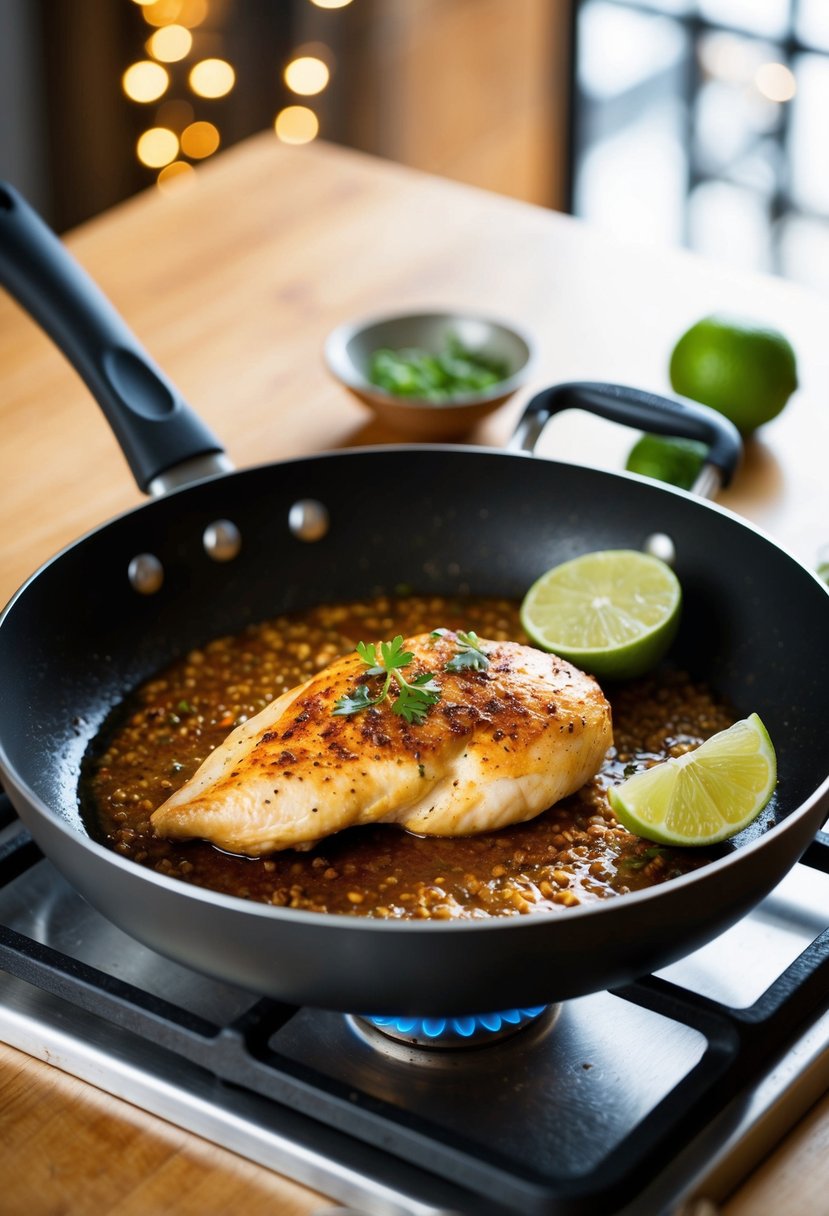 A sizzling chicken breast in a hot pan with paprika and lime