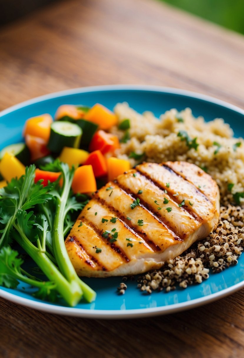 A plate with grilled chicken breast, quinoa, and vegetables, with a focus on the colorful and appetizing presentation