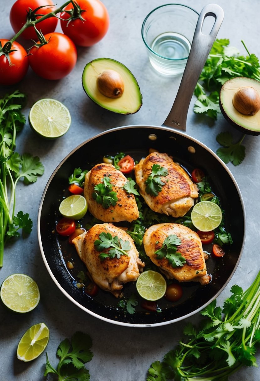 A skillet sizzling with pan-seared chicken, cilantro, and lime, surrounded by fresh ingredients like tomatoes and avocado